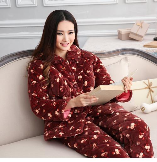 恒靓秋冬季睡衣女珊瑚绒加厚中老年妈妈装高贵碎花夹棉家